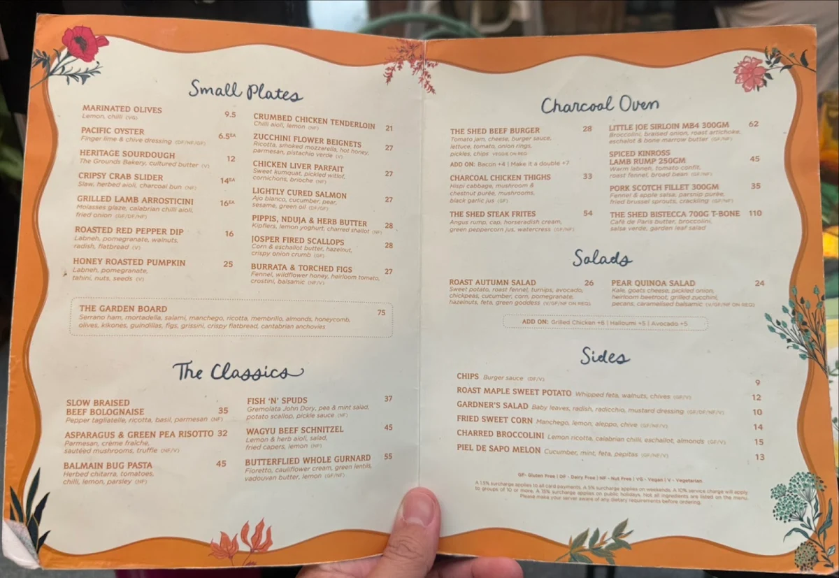 Menu, The Potting Shed at The Grounds