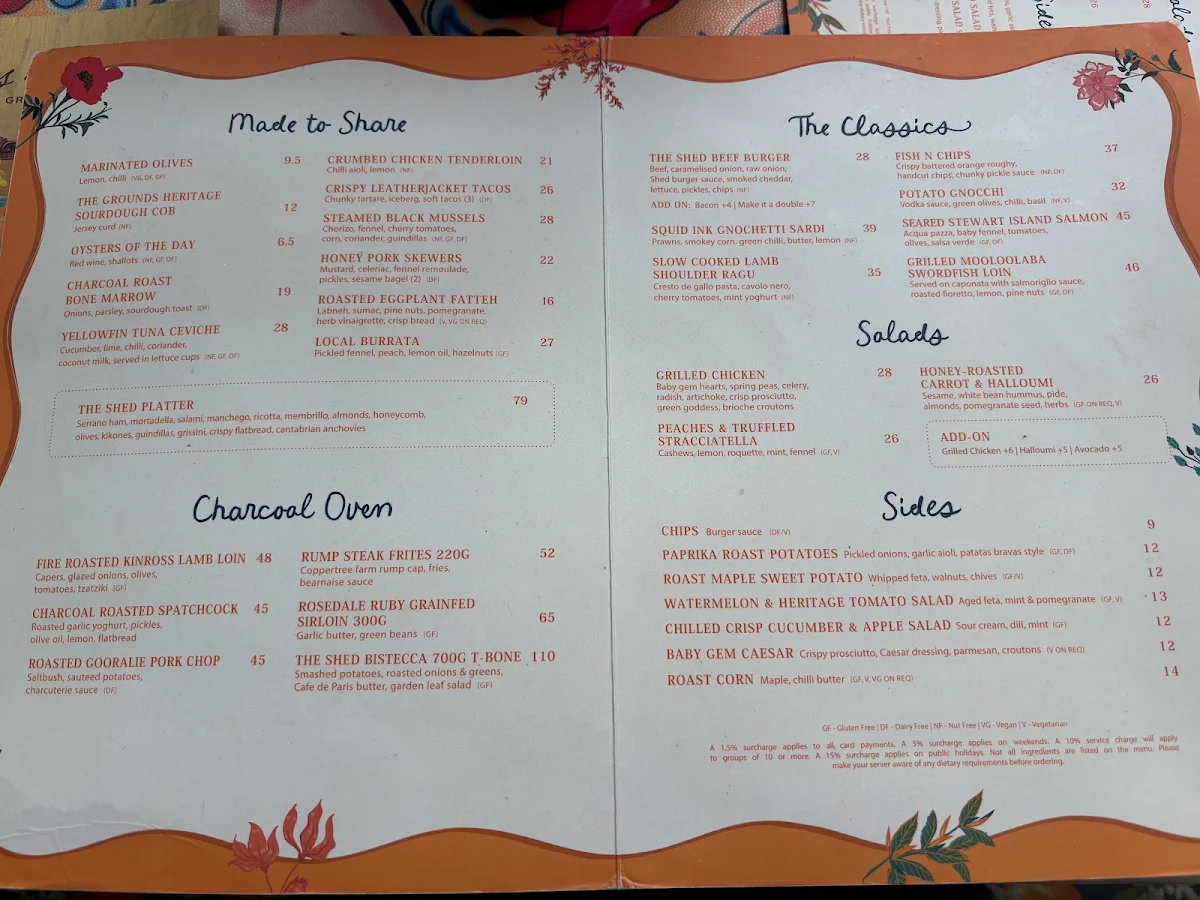 Menu, The Potting Shed at The Grounds