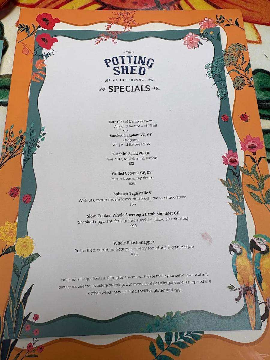 Menu, The Potting Shed at The Grounds