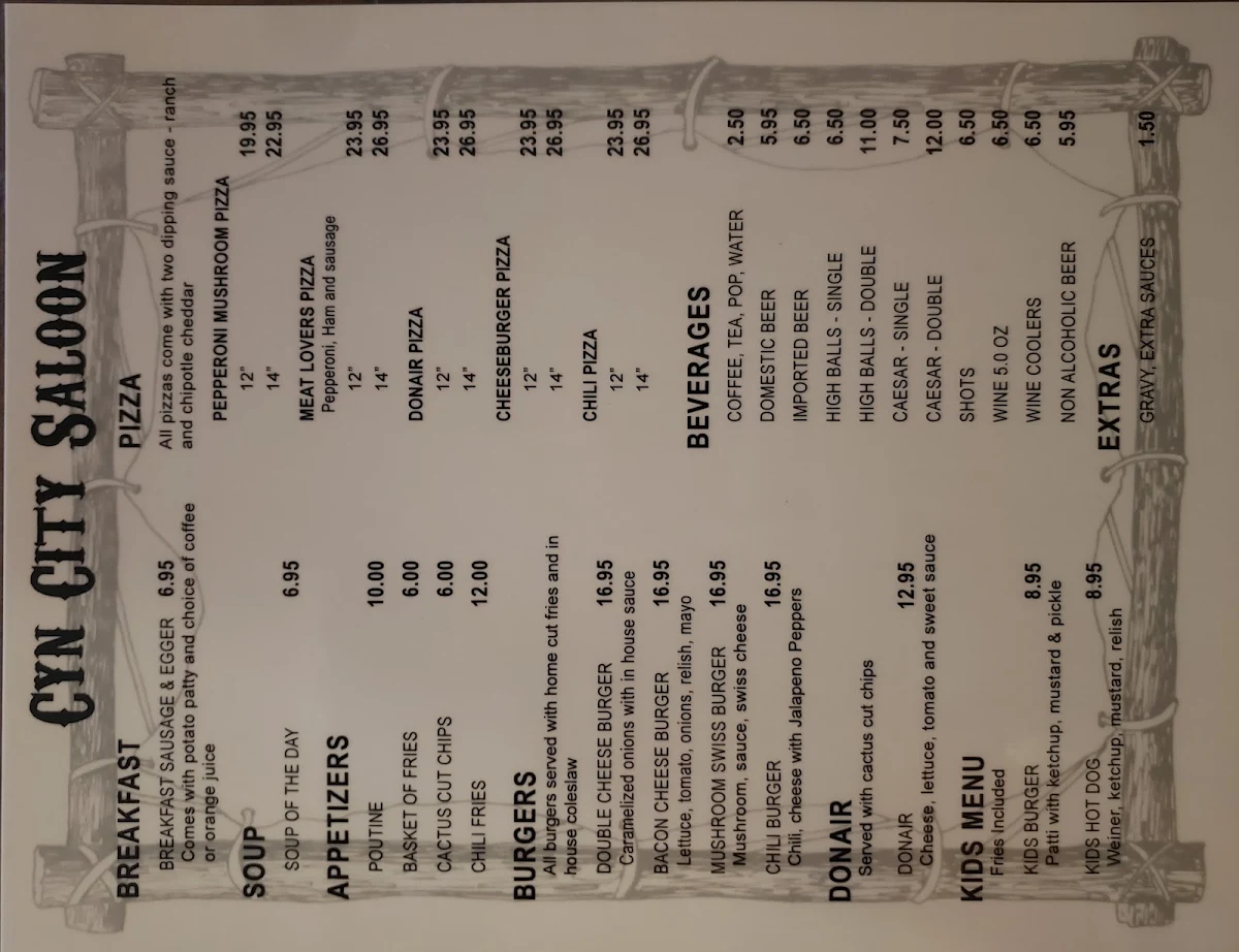 Menu, Cyn City Saloon