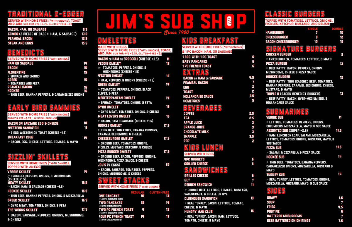 Menu, Jim's sub shop & Restaurant