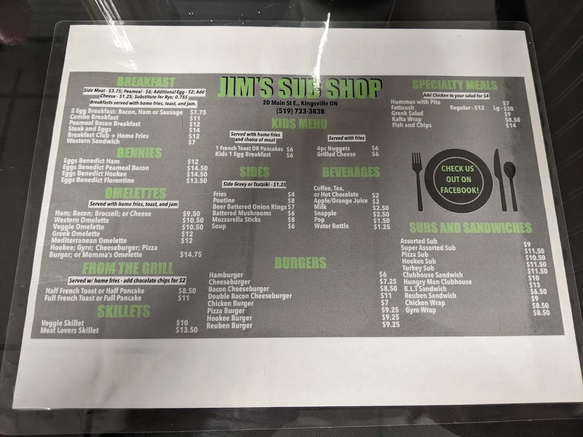 Menu, Jim's sub shop & Restaurant