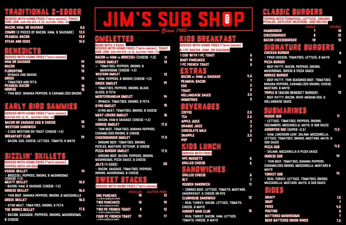 Menu, Jim's sub shop & Restaurant