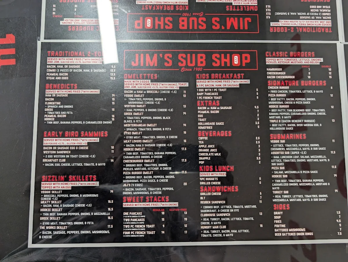 Menu, Jim's sub shop & Restaurant