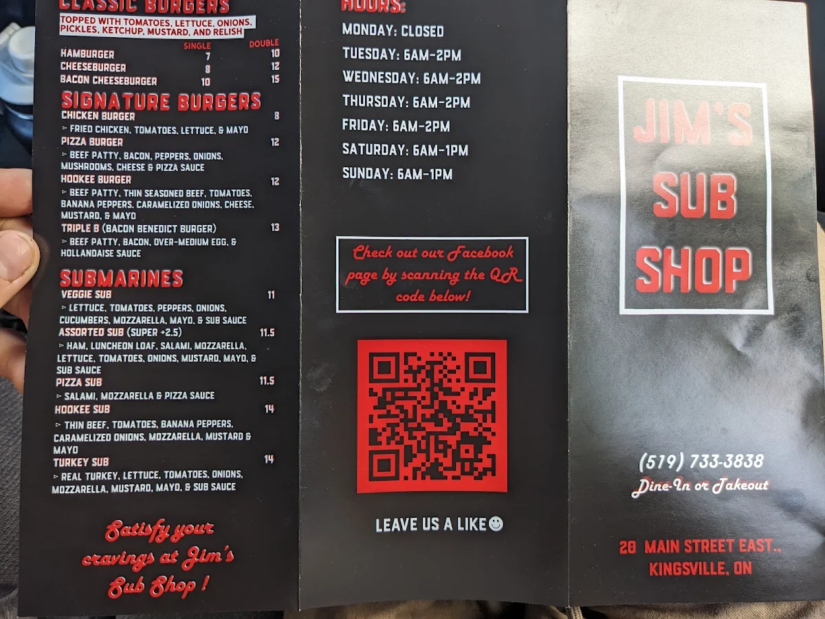 Menu, Jim's sub shop & Restaurant