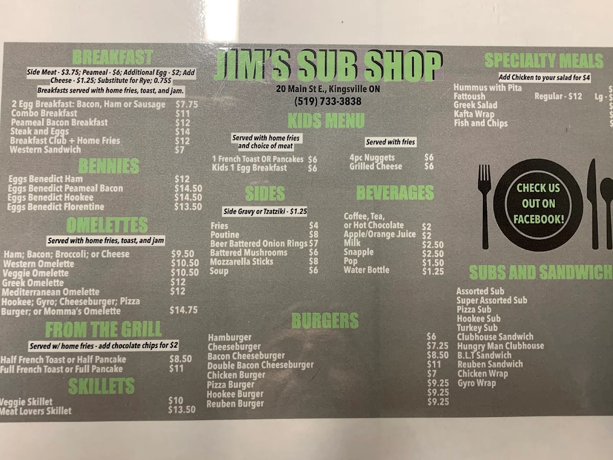 Menu, Jim's sub shop & Restaurant