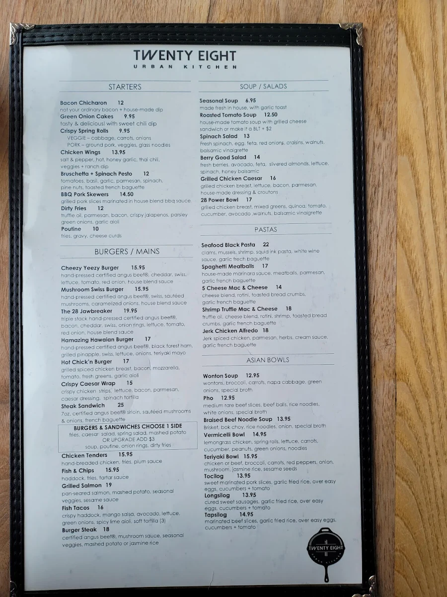 Menu, Twenty Eight Urban Kitchen