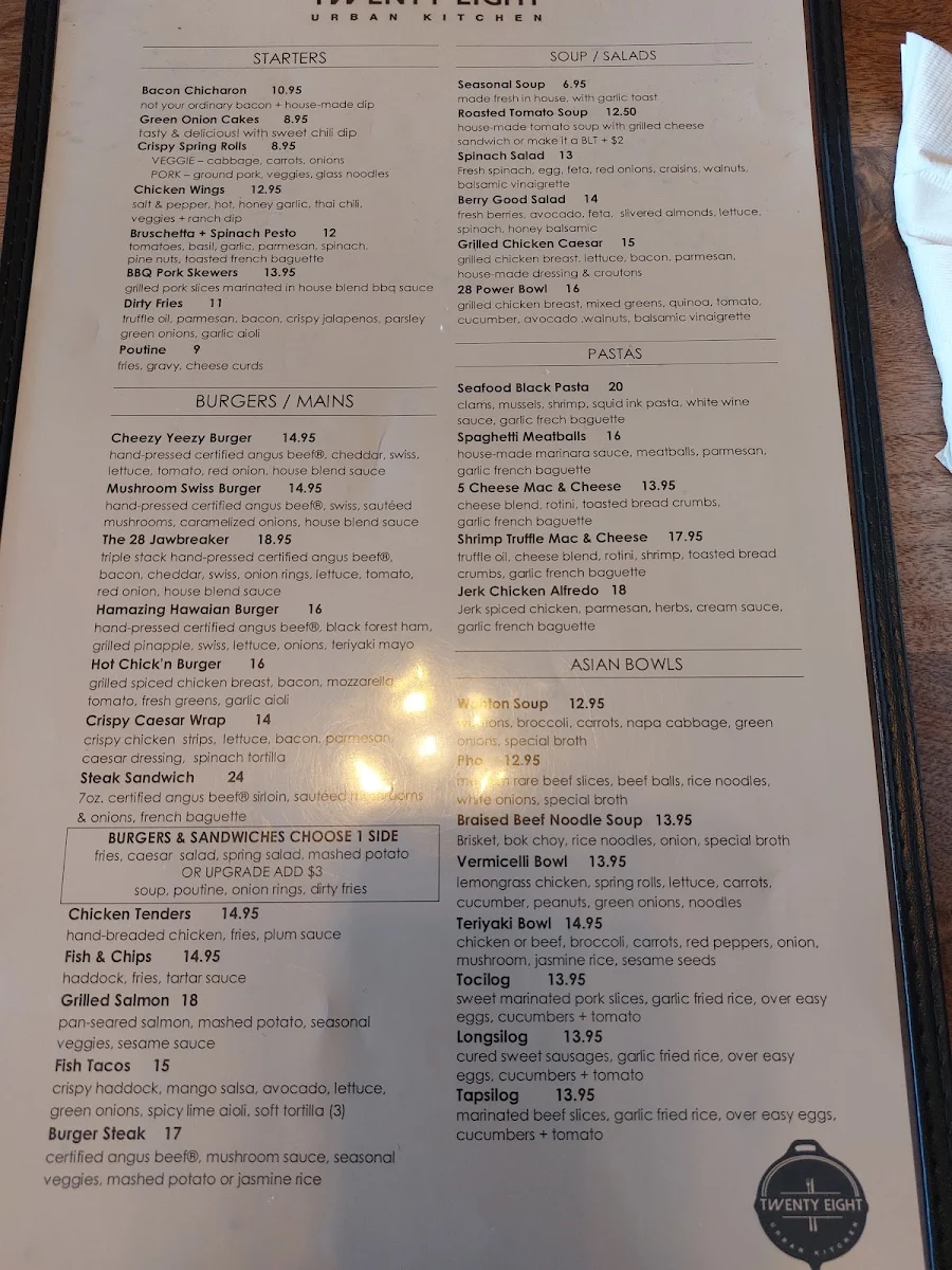 Menu, Twenty Eight Urban Kitchen