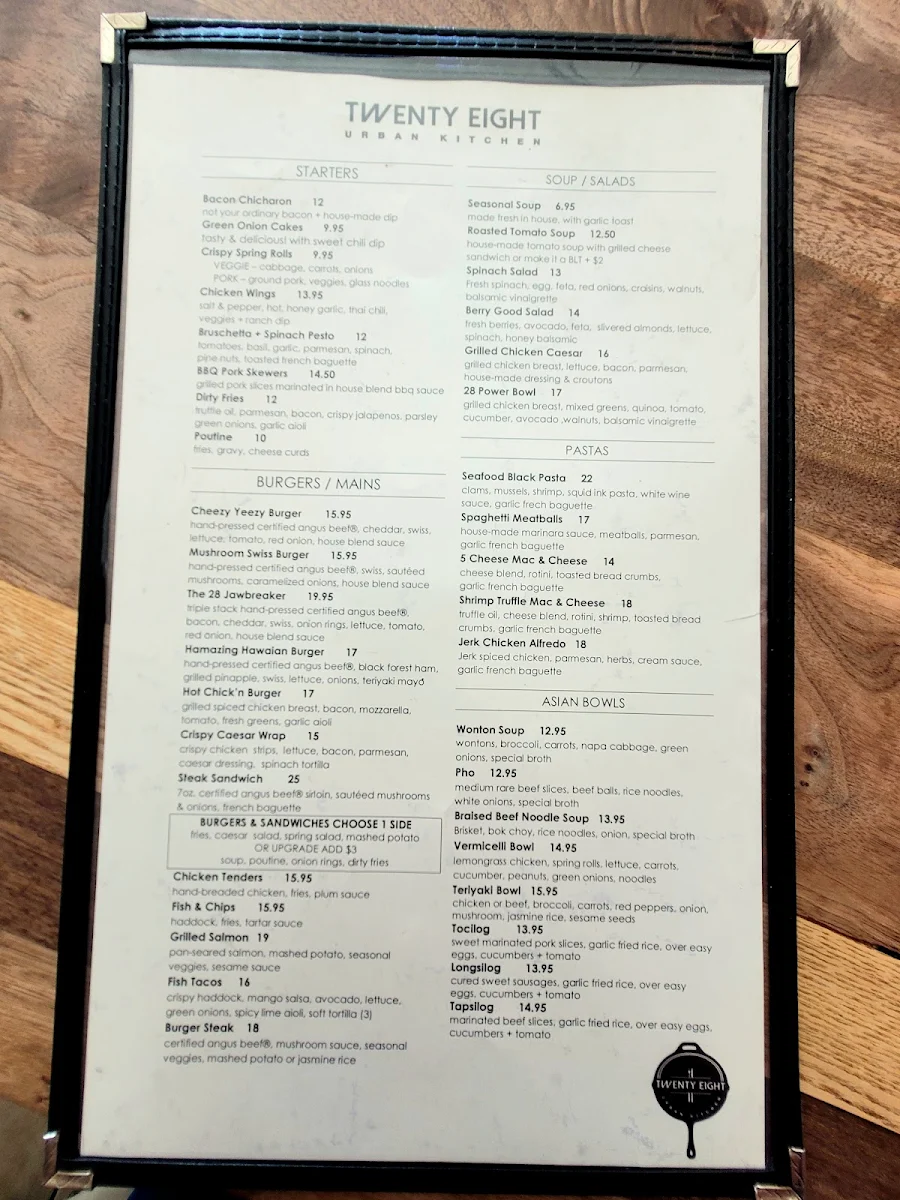 Menu, Twenty Eight Urban Kitchen