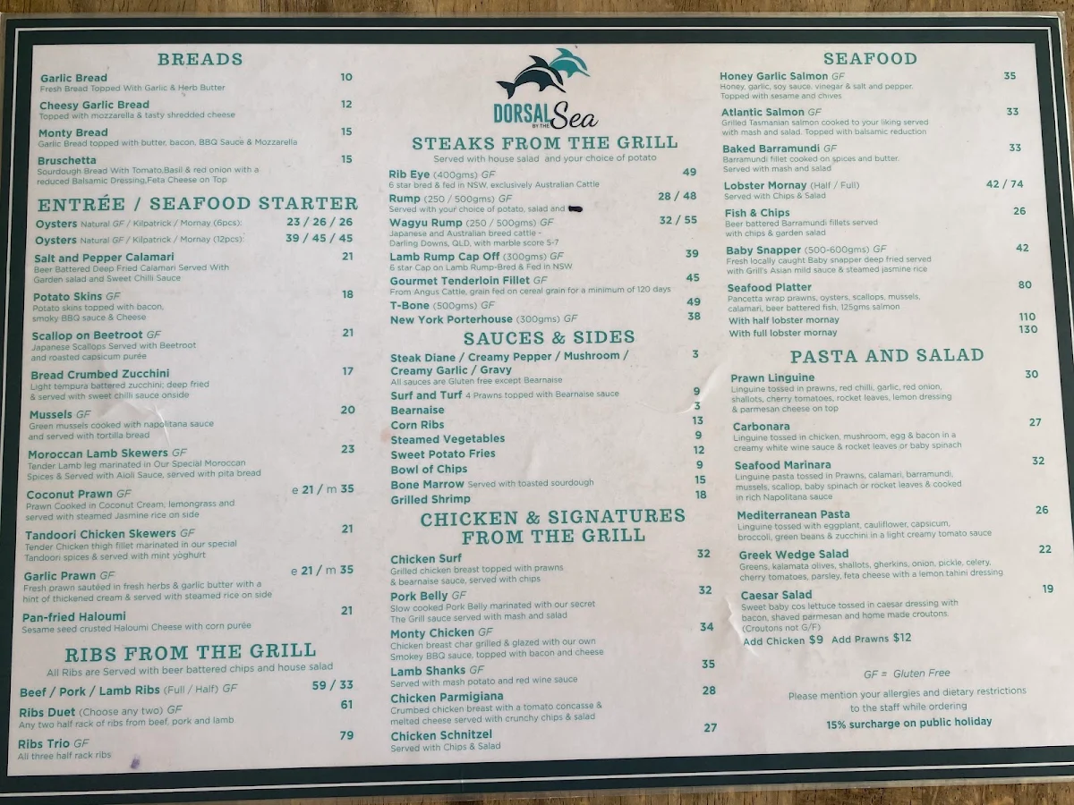Menu, Dorsal by the Sea Restaurant, Bar, Grill, Coffee