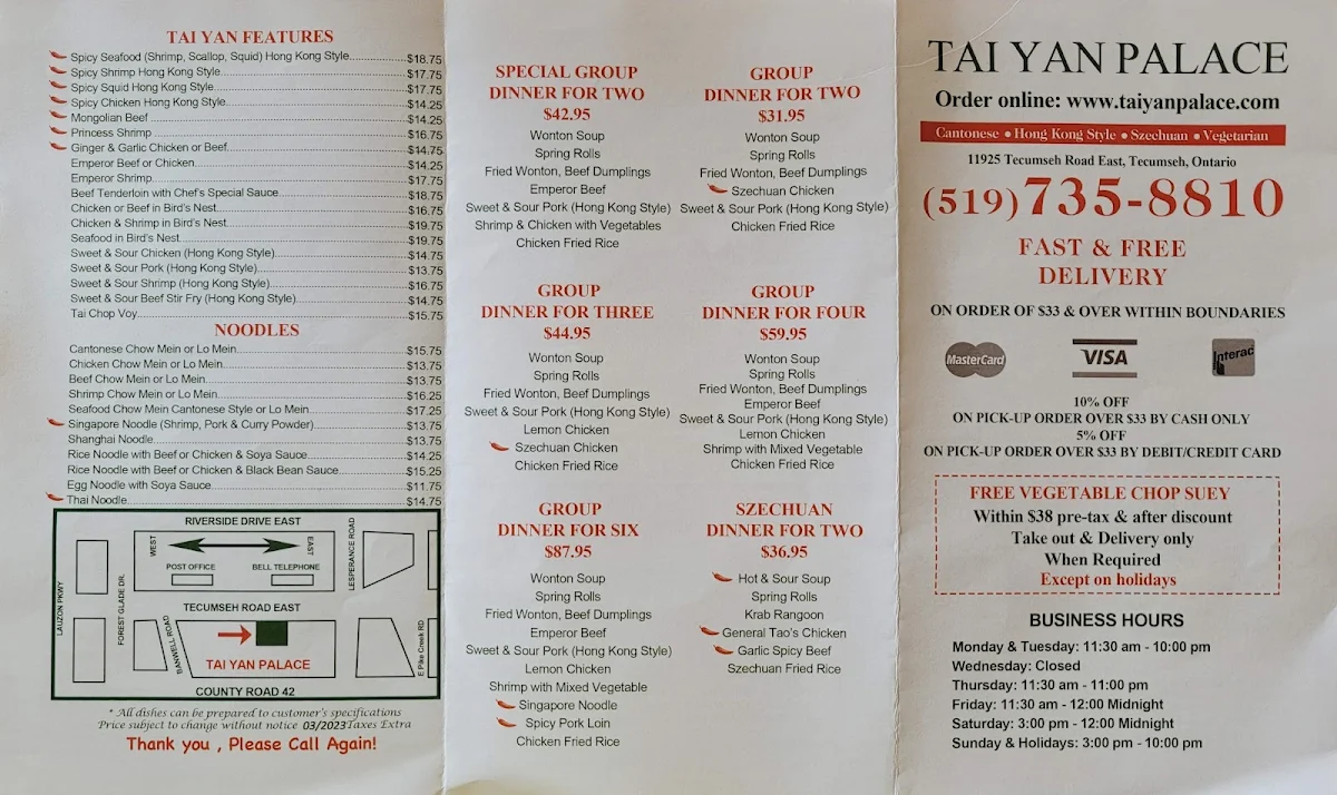Menu, Tai Yan Palace