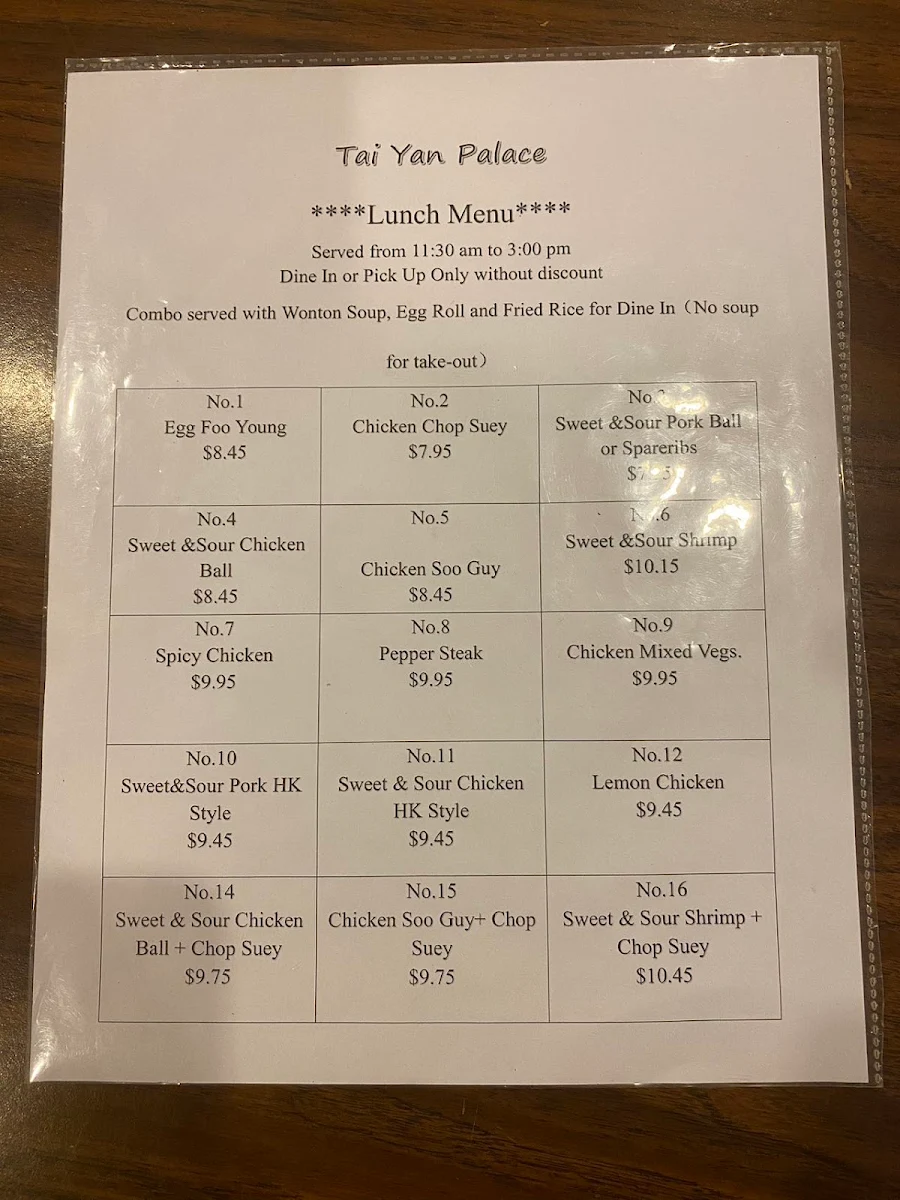 Menu, Tai Yan Palace