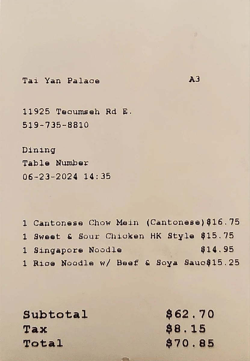 Menu, Tai Yan Palace