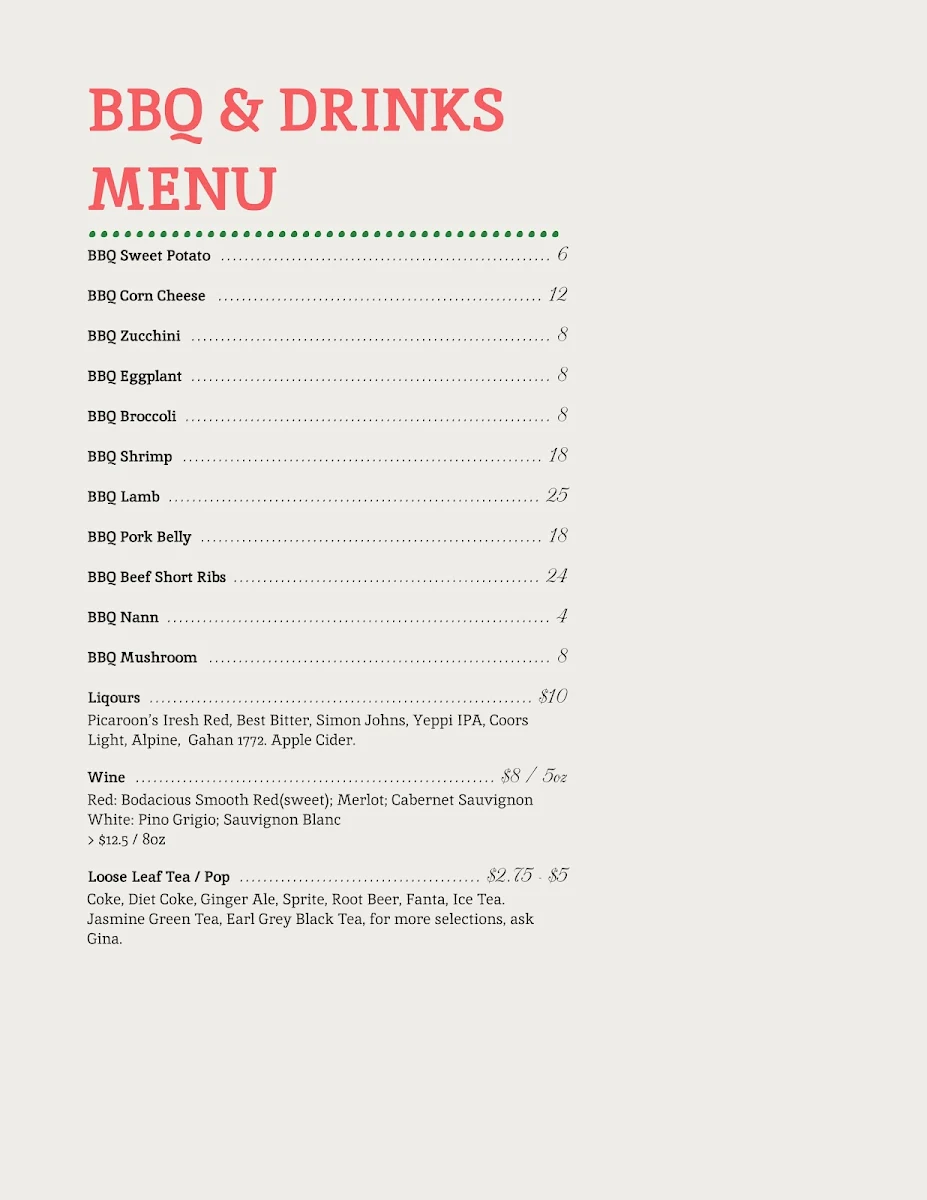 Menu, Thai Manao