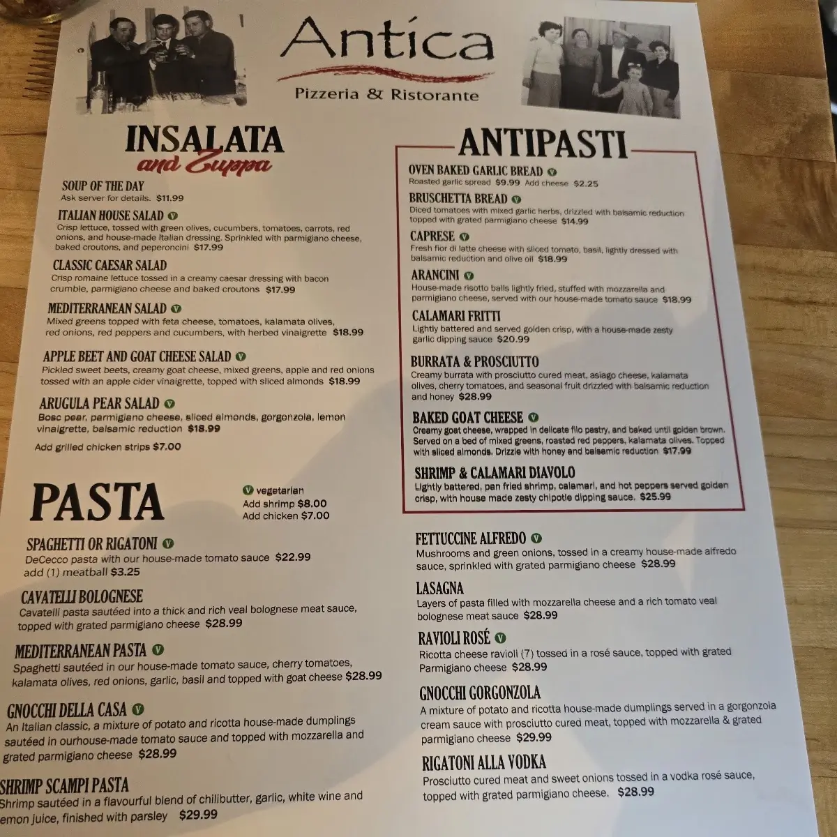 Menu, Antica Pizzeria & Ristorante