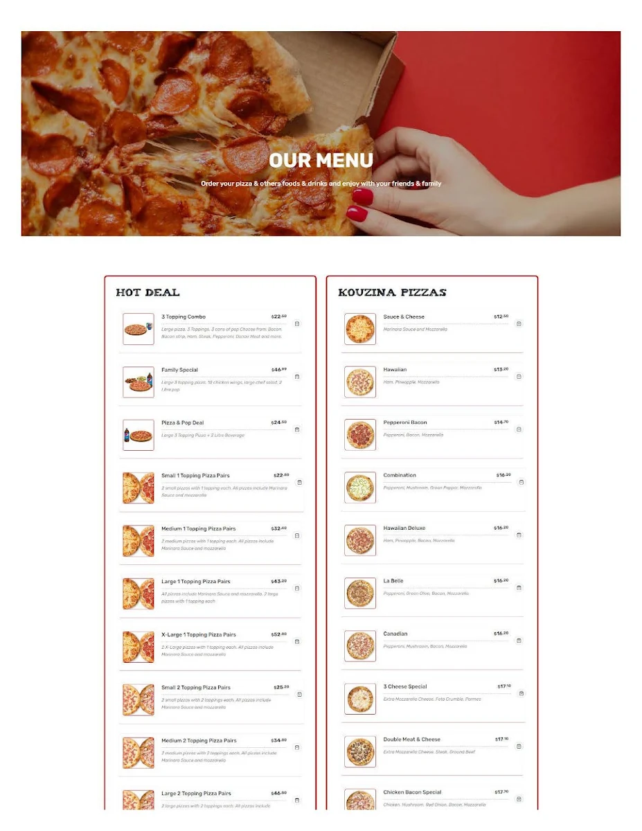 Menu, Kouzina Pizza