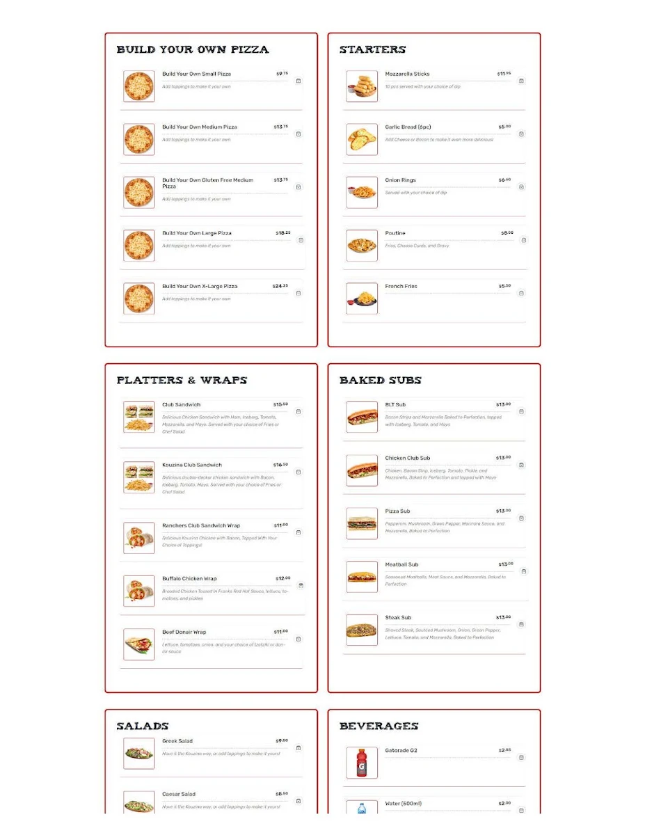 Menu, Kouzina Pizza