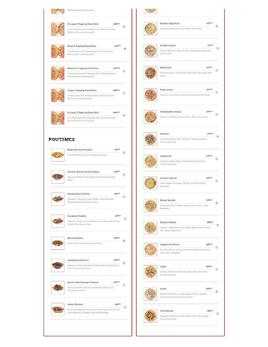 Menu, Kouzina Pizza