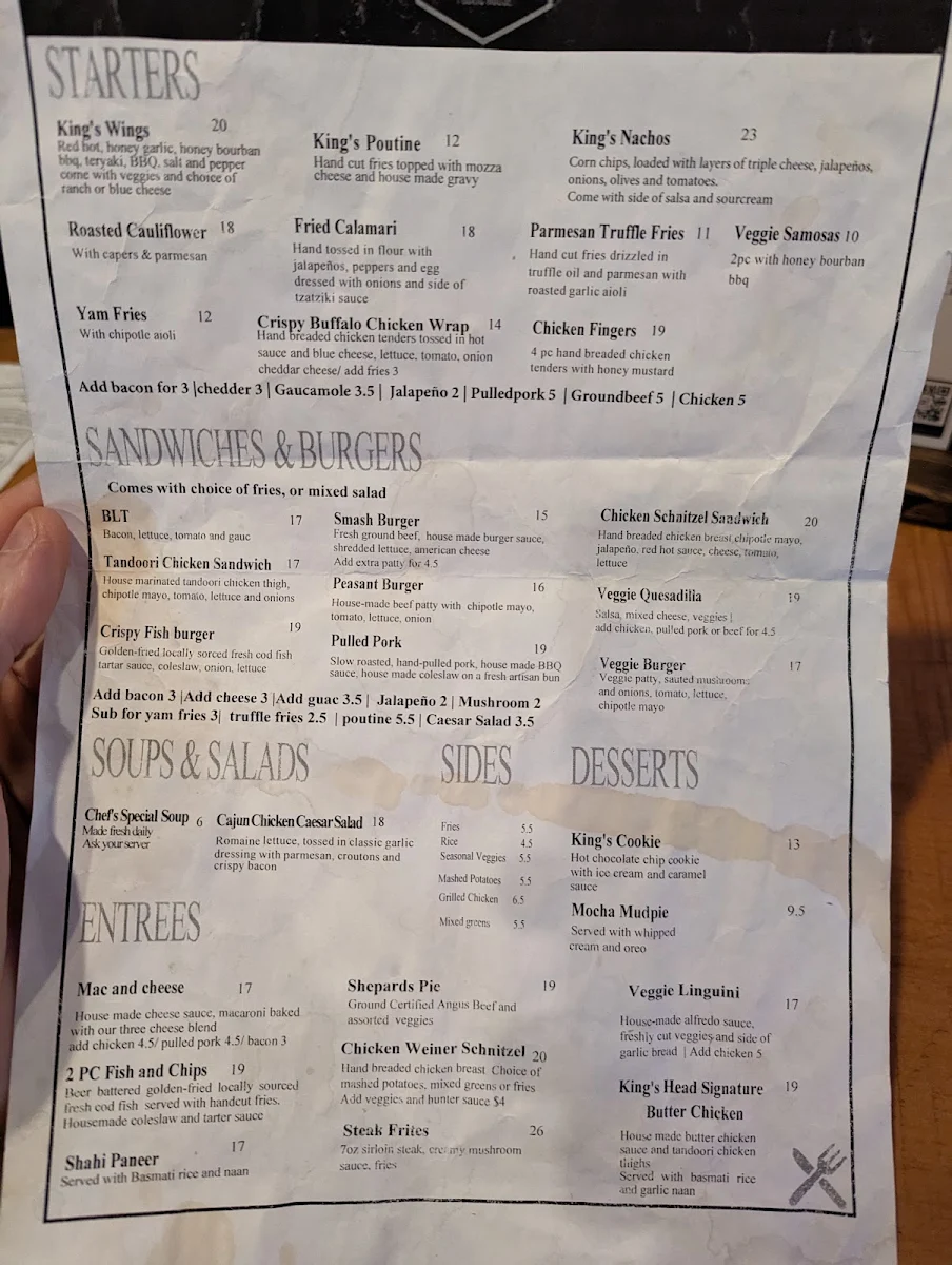 Menu, The King's Head Public House