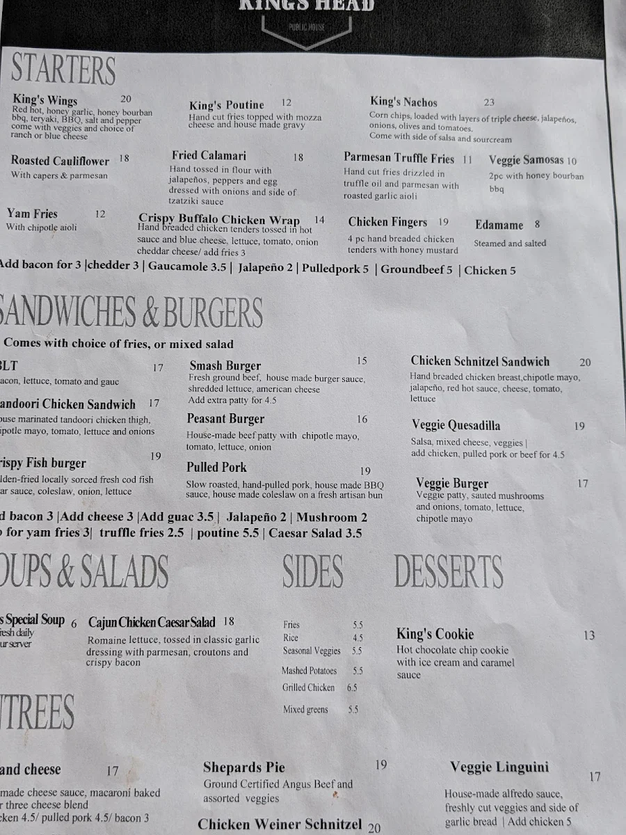 Menu, The King's Head Public House