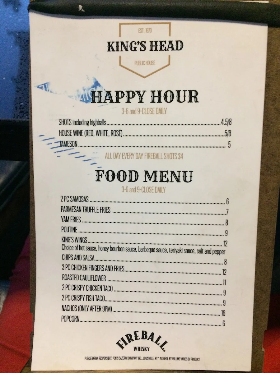 Menu, The King's Head Public House