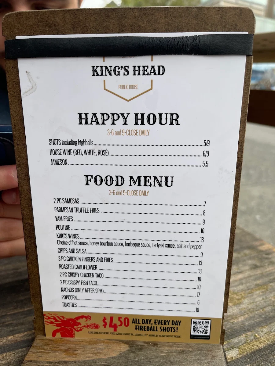 Menu, The King's Head Public House