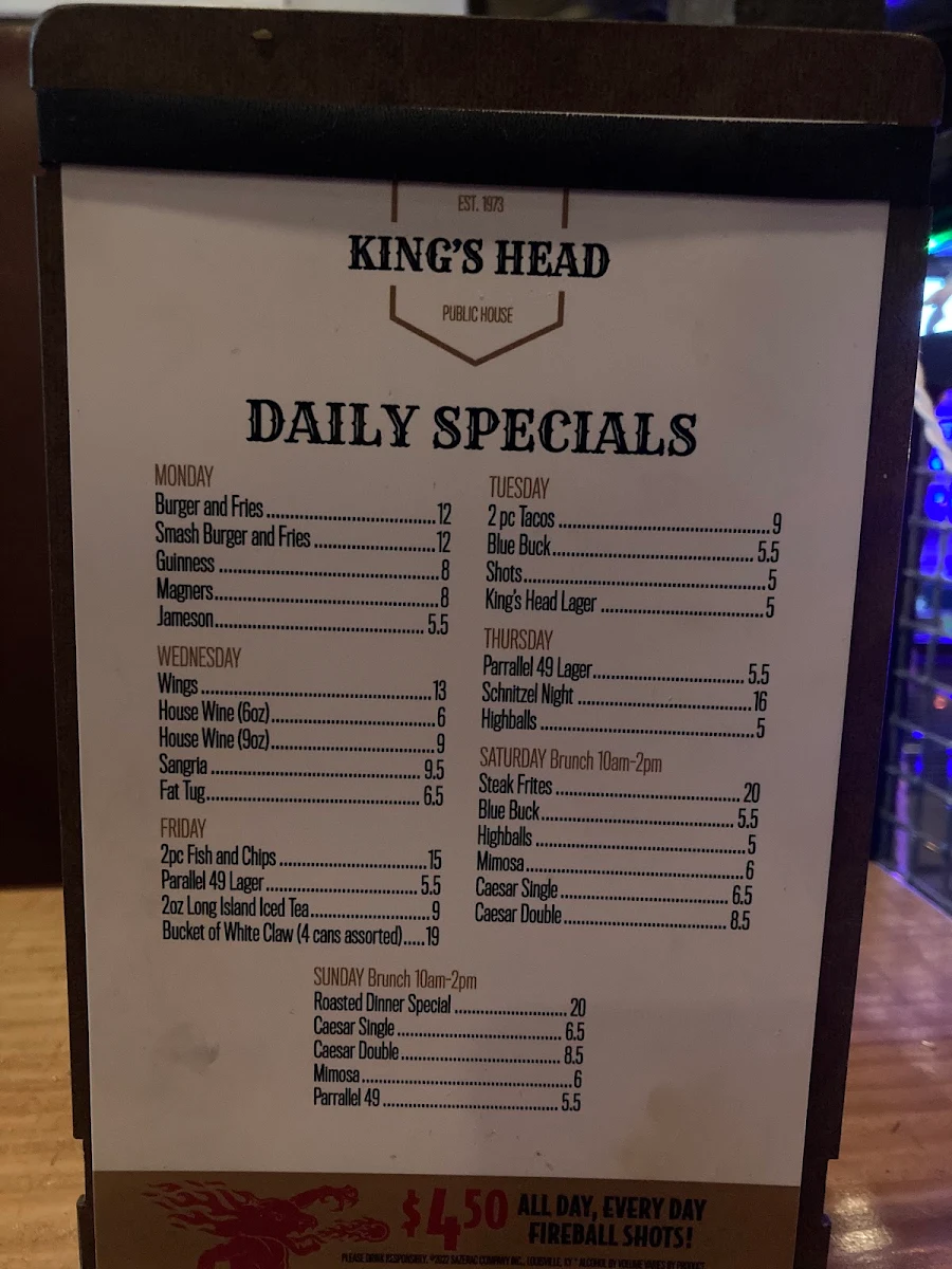 Menu, The King's Head Public House