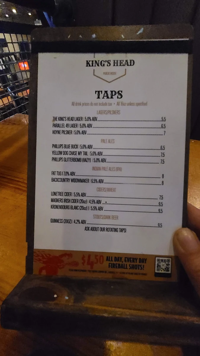 Menu, The King's Head Public House