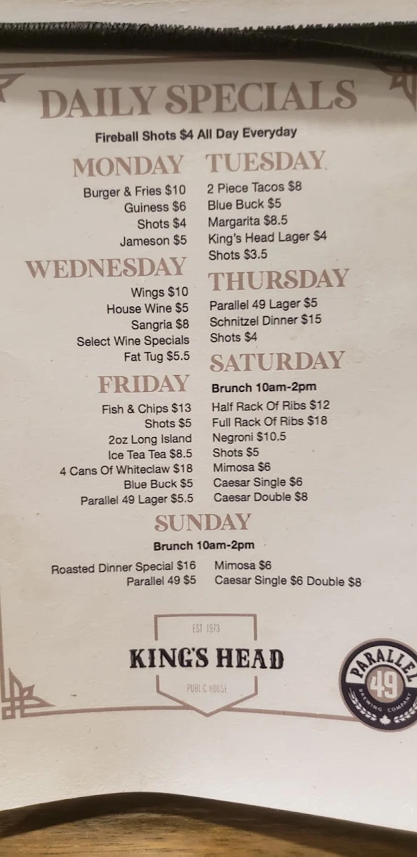 Menu, The King's Head Public House