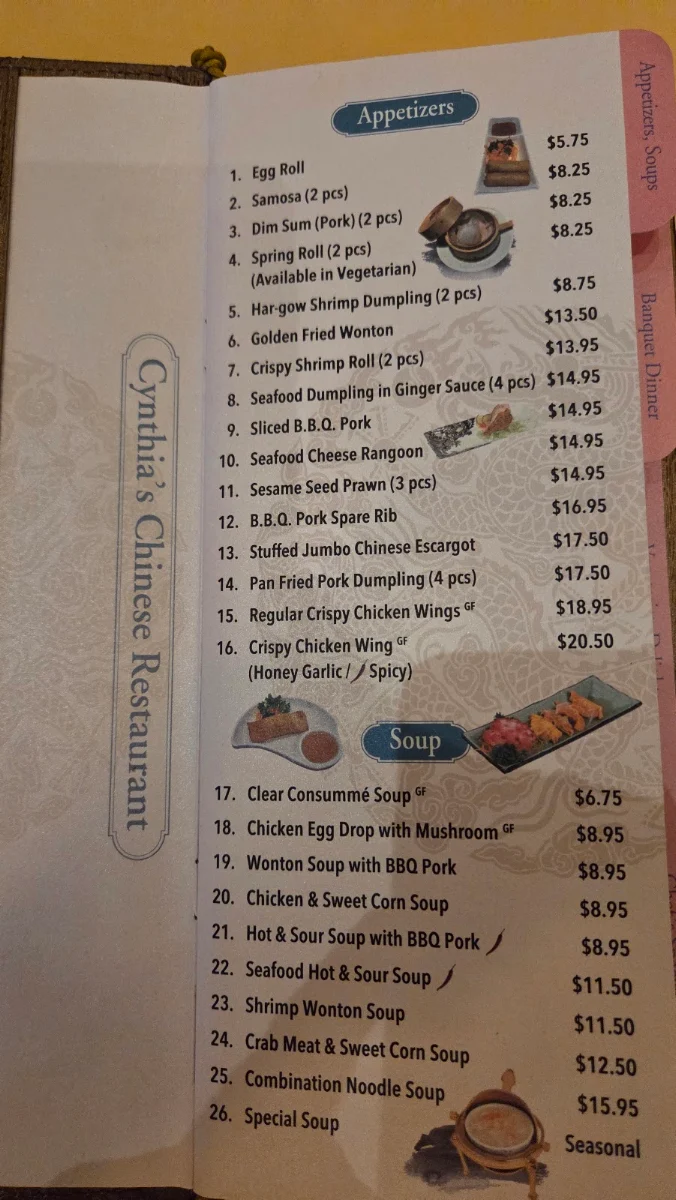 Menu, Cynthia's Chinese Restaurant - Oakville