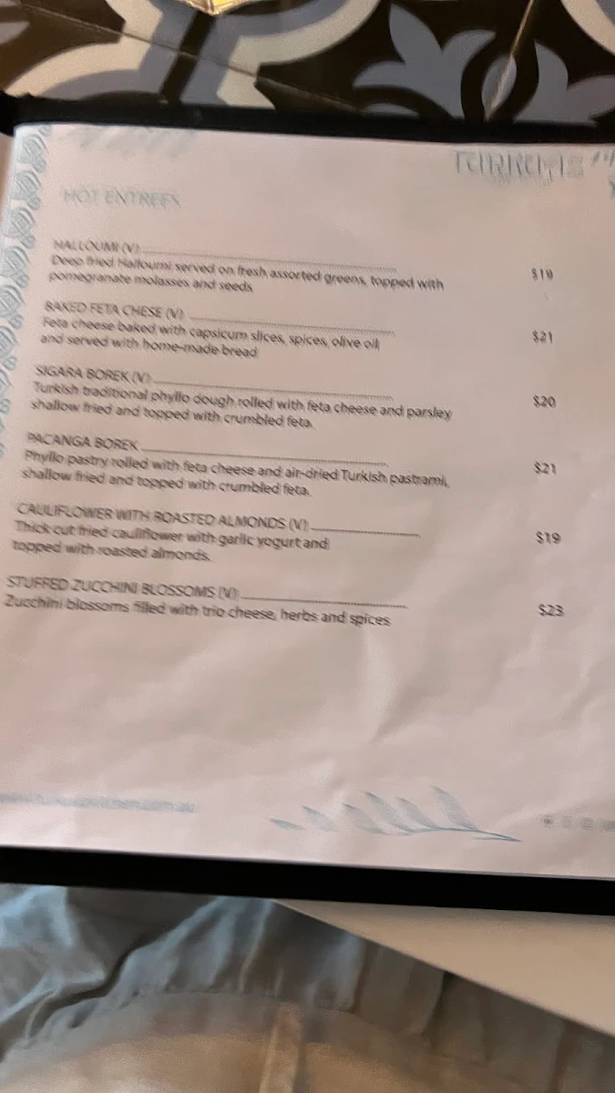Menu, Turkuaz Turkish Cuisine