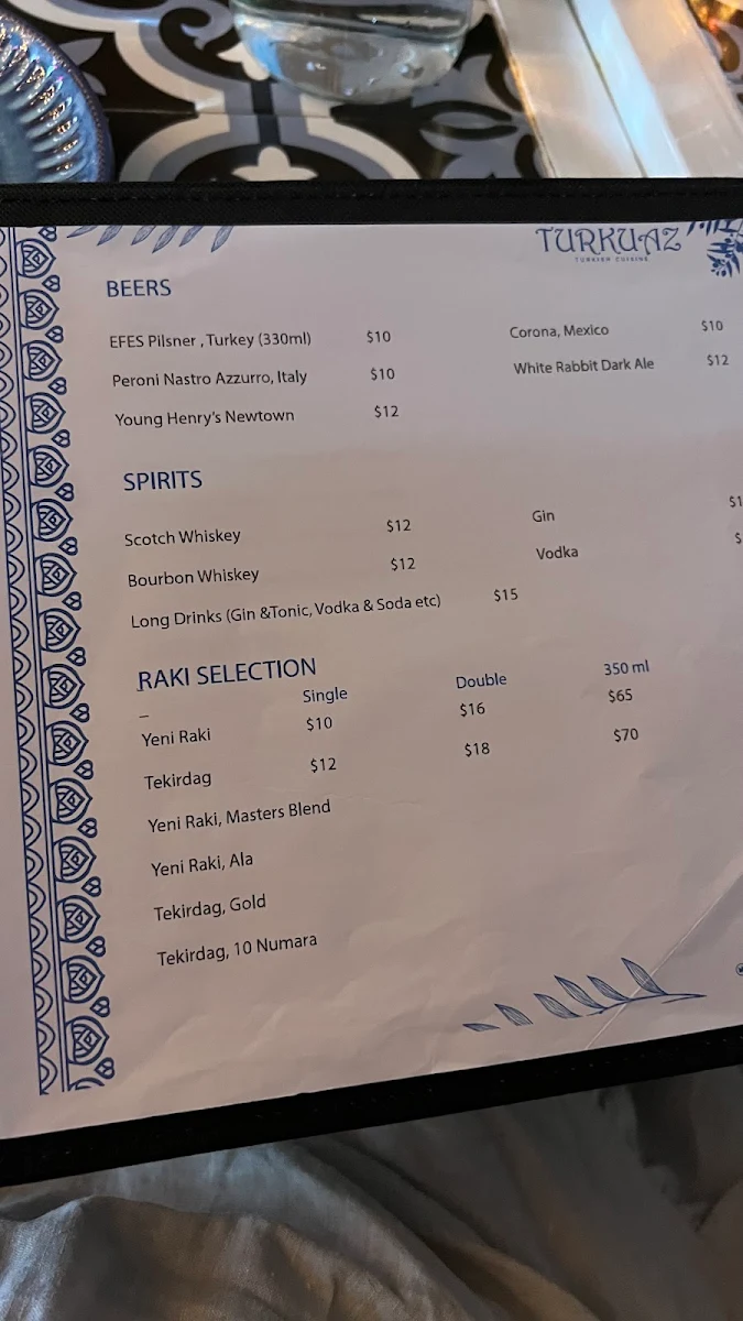 Menu, Turkuaz Turkish Cuisine