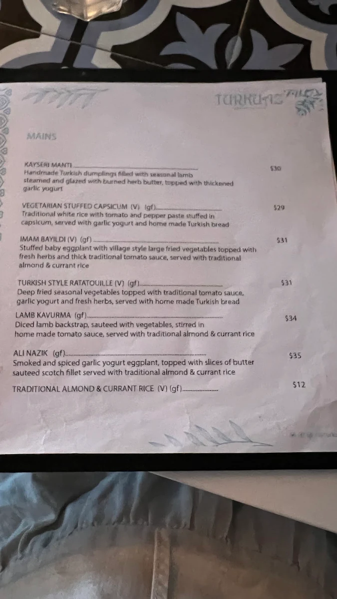 Menu, Turkuaz Turkish Cuisine