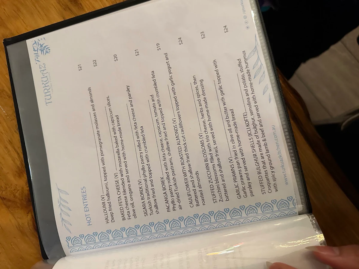 Menu, Turkuaz Turkish Cuisine
