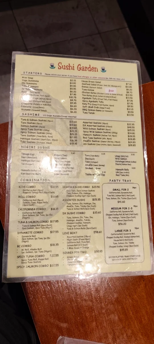 Menu, Sushi Garden Highgate
