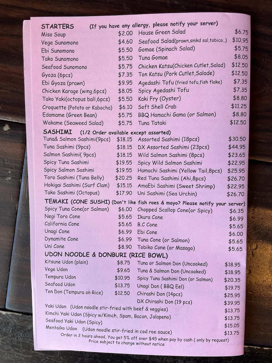 Menu, Sushi Garden Highgate