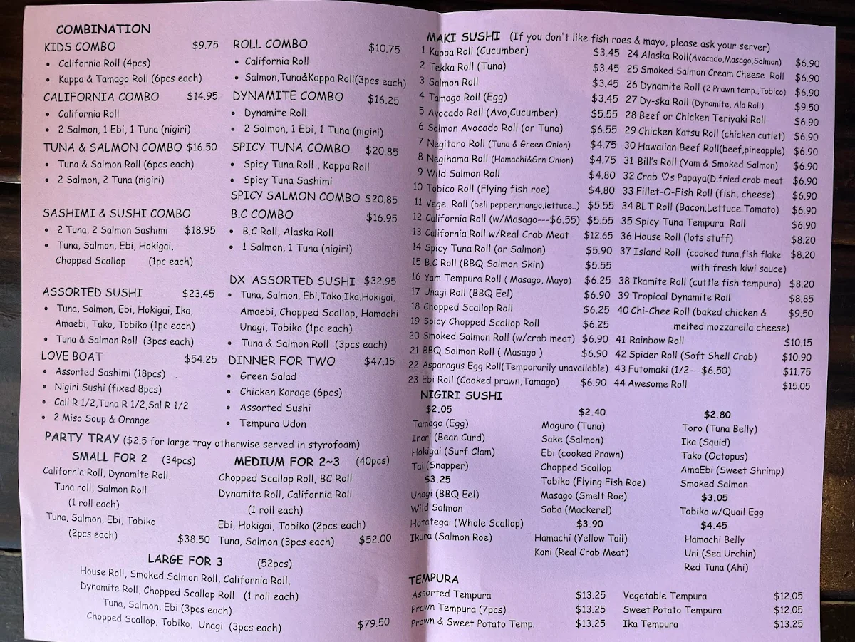 Menu, Sushi Garden Highgate
