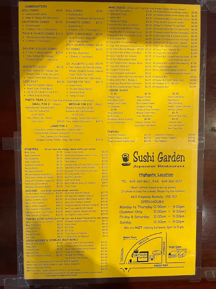 Menu, Sushi Garden Highgate