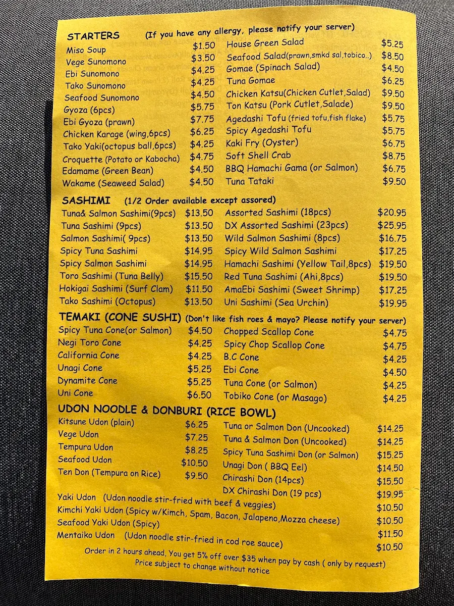 Menu, Sushi Garden Highgate