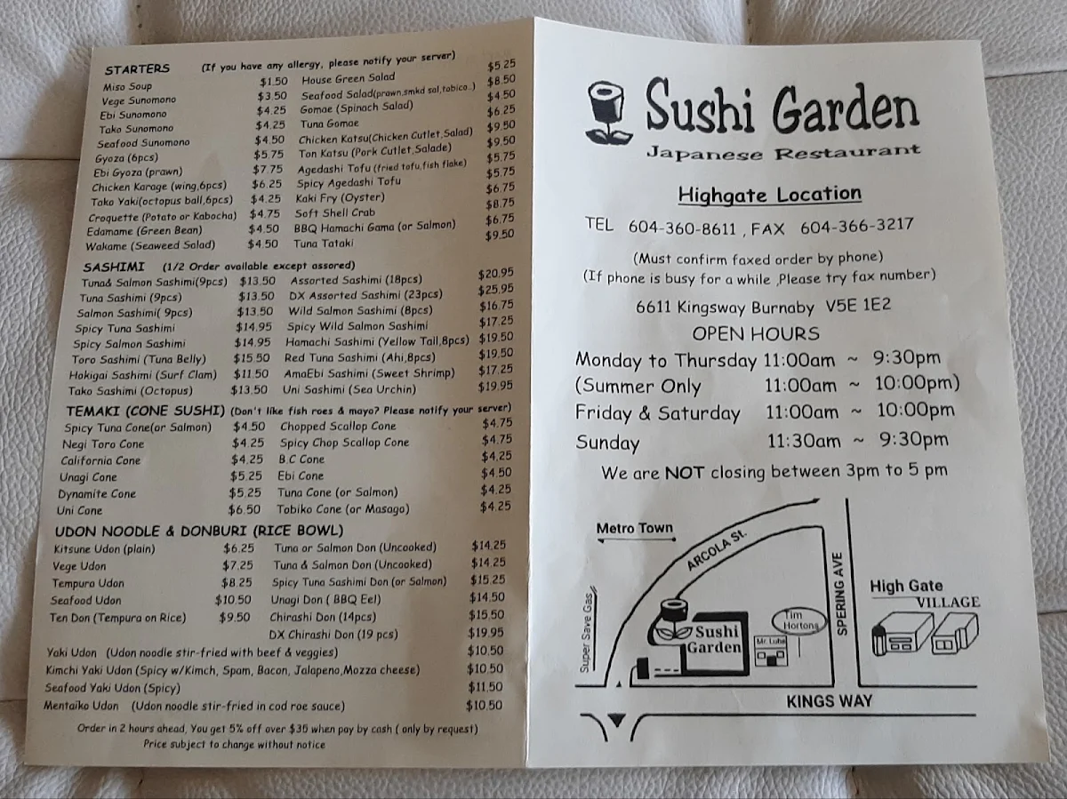 Menu, Sushi Garden Highgate