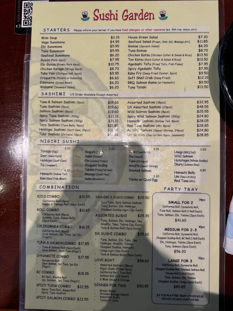Menu, Sushi Garden Highgate