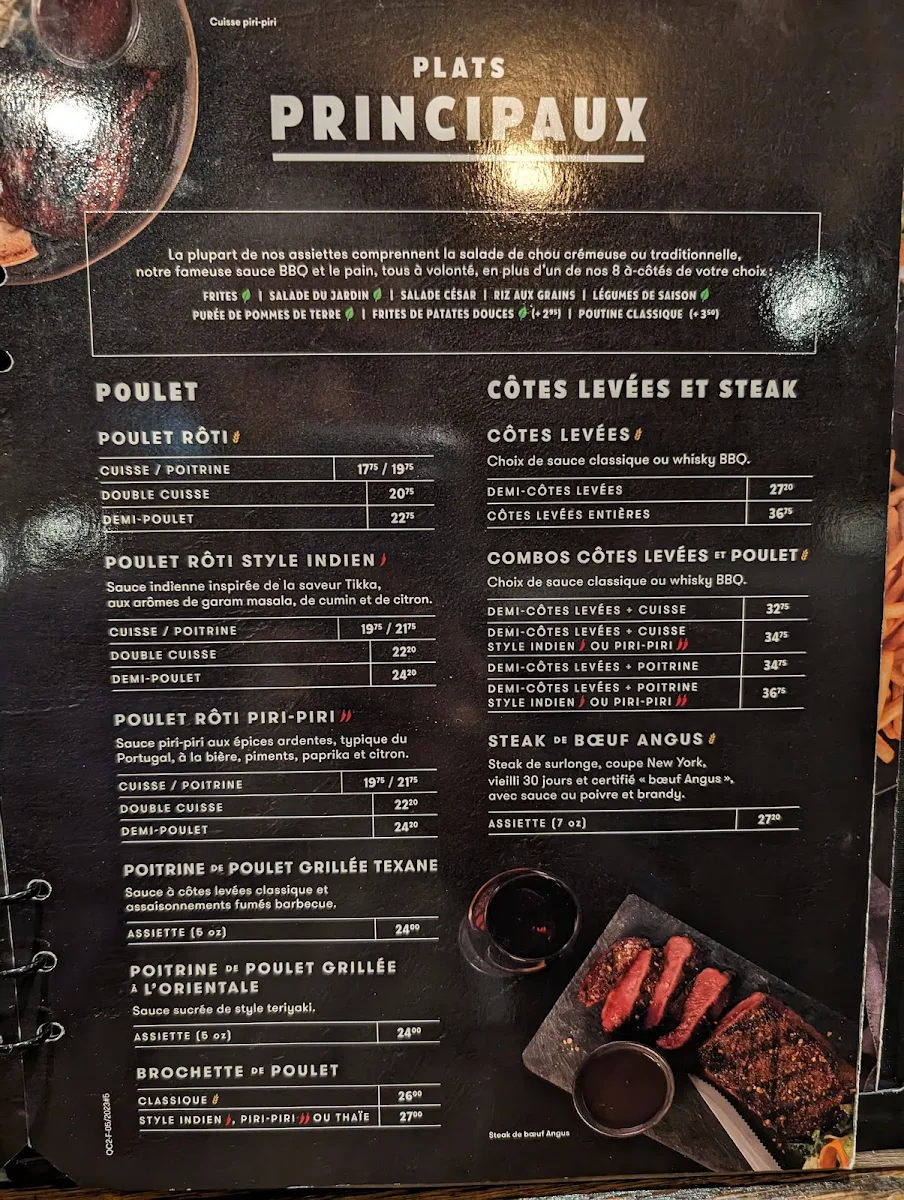 Menu, Rôtisserie St-Hubert