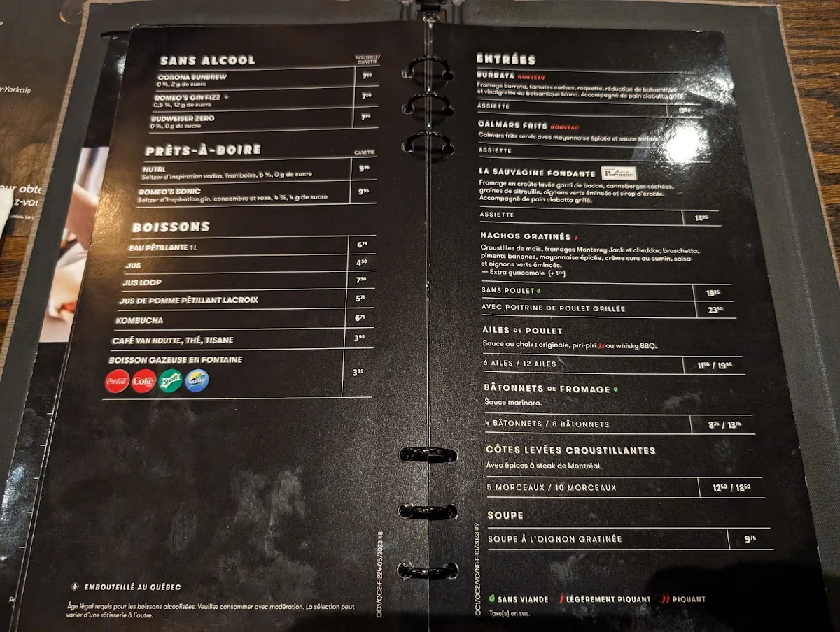 Menu, Rôtisserie St-Hubert