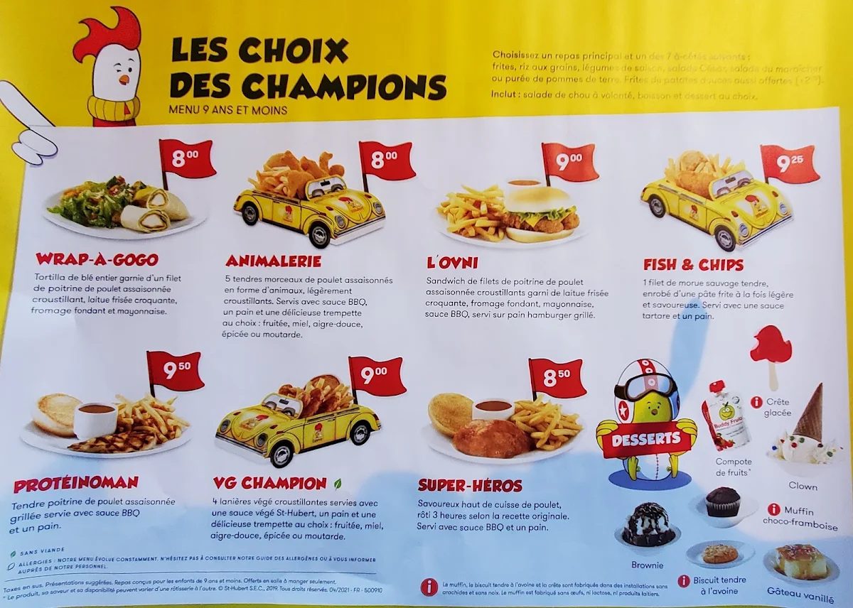 Menu, Rôtisserie St-Hubert
