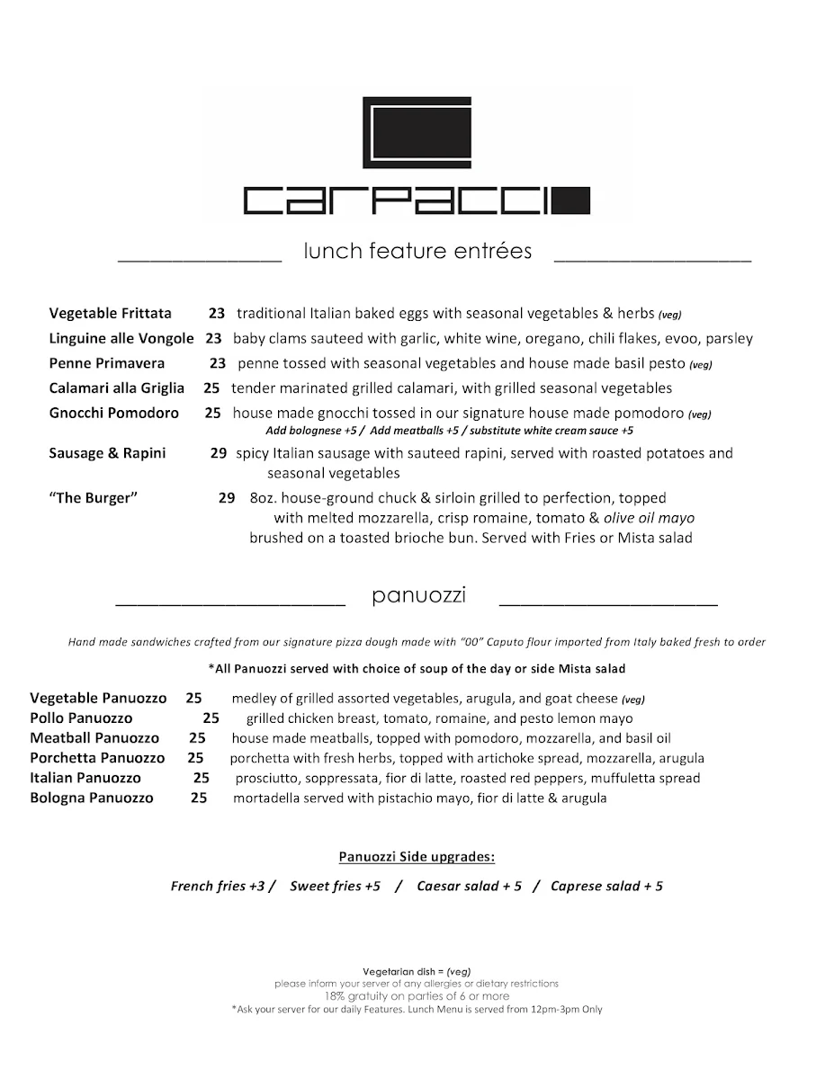 Menu, Carpaccio Restaurant Niagara