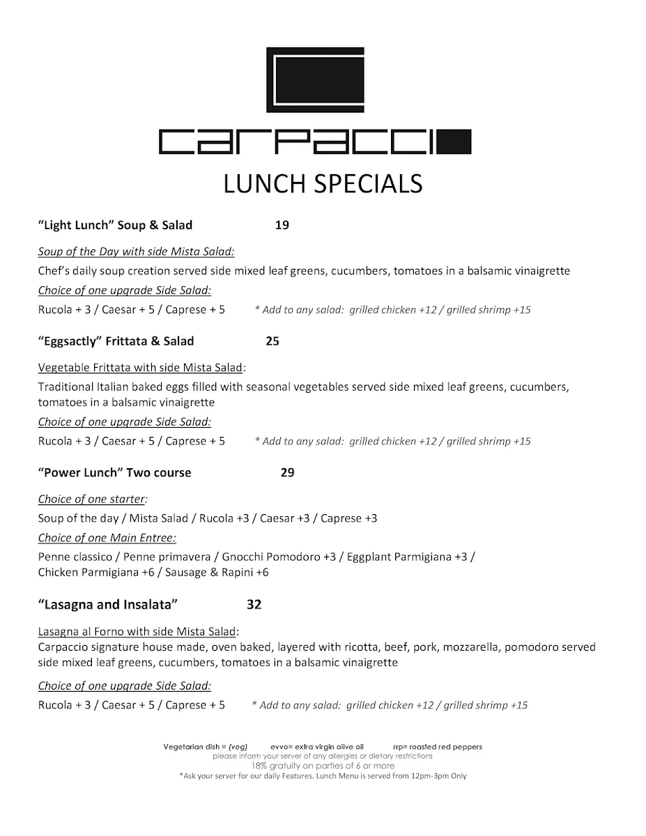 Menu, Carpaccio Restaurant Niagara