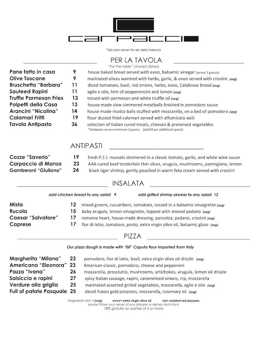 Menu, Carpaccio Restaurant Niagara
