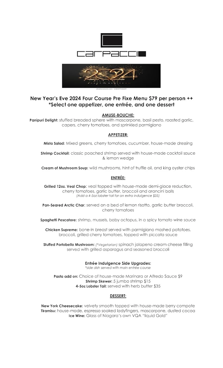 Menu, Carpaccio Restaurant Niagara