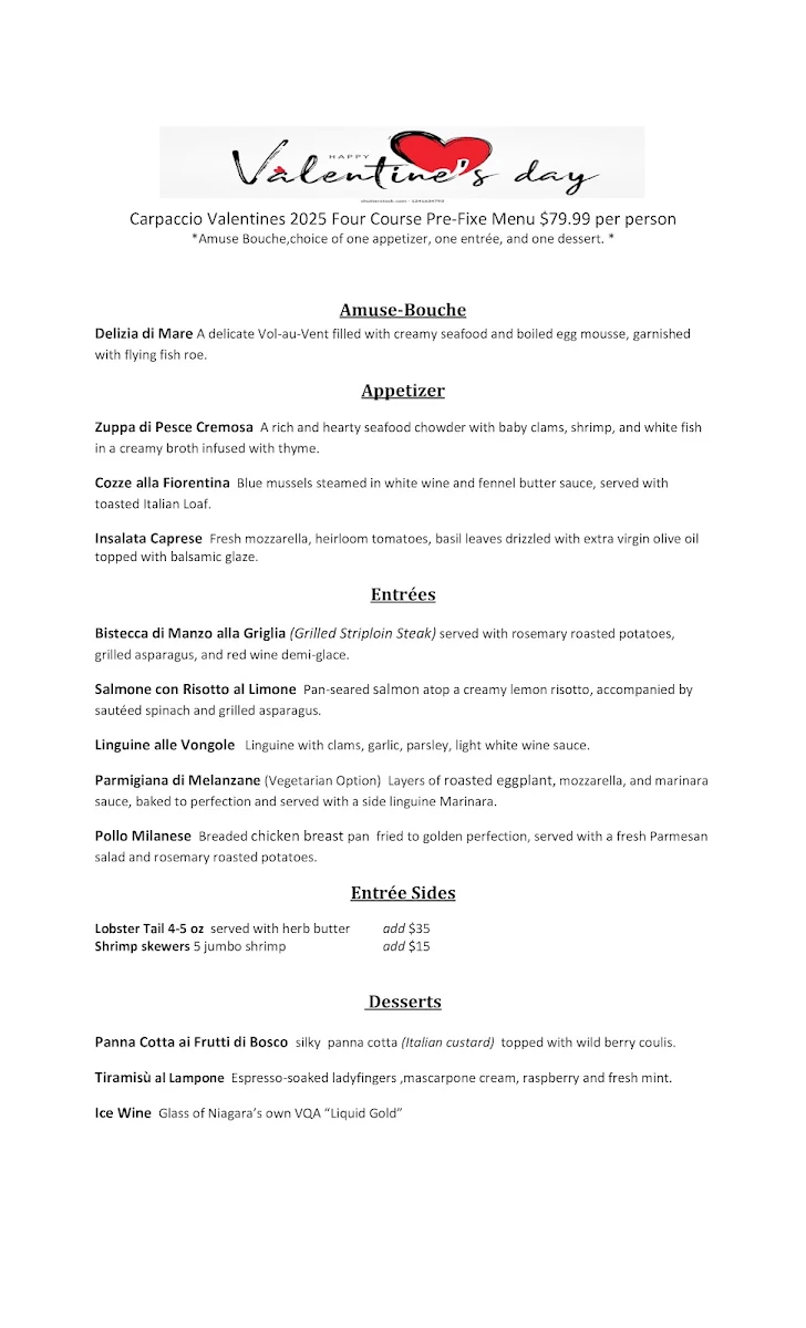 Menu, Carpaccio Restaurant Niagara