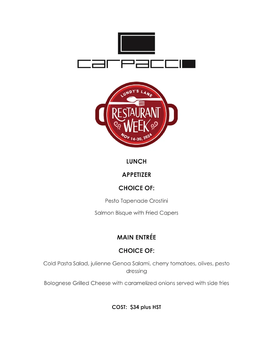 Menu, Carpaccio Restaurant Niagara